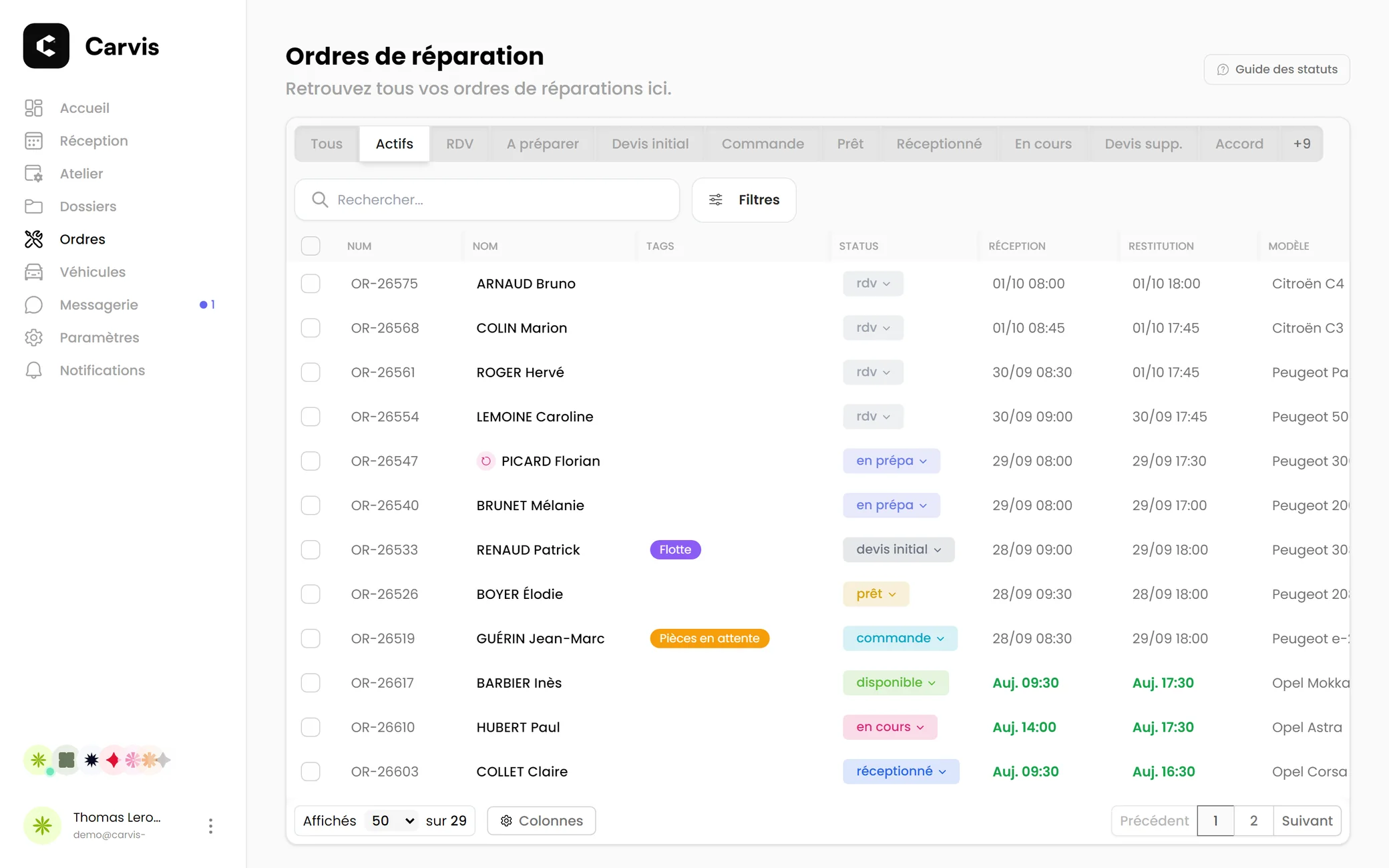 Liste des ordres de réparation actifs dans Carvis.