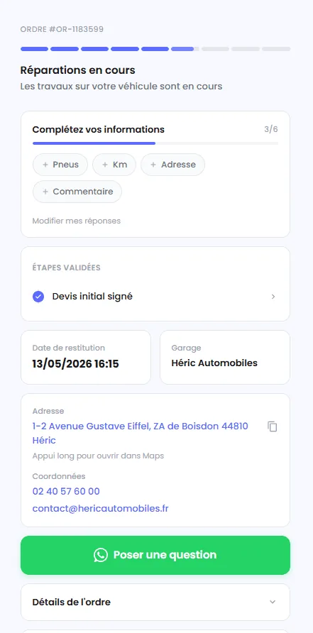 Page de suivi d'un ordre de réparation côté client